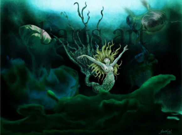 mermaid floating in deep water