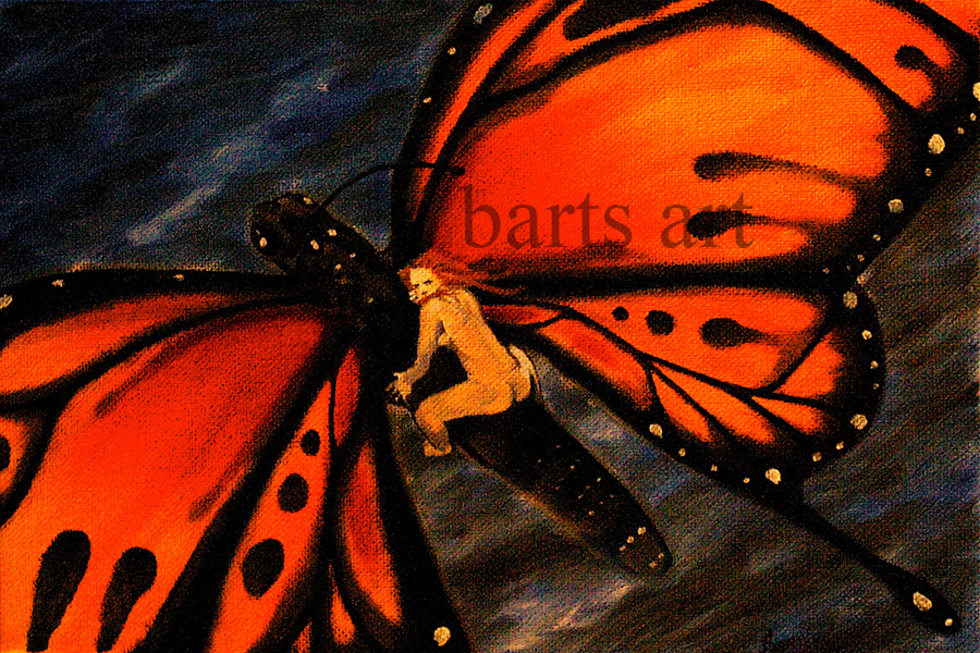 naked girl flying astride a large butterfly